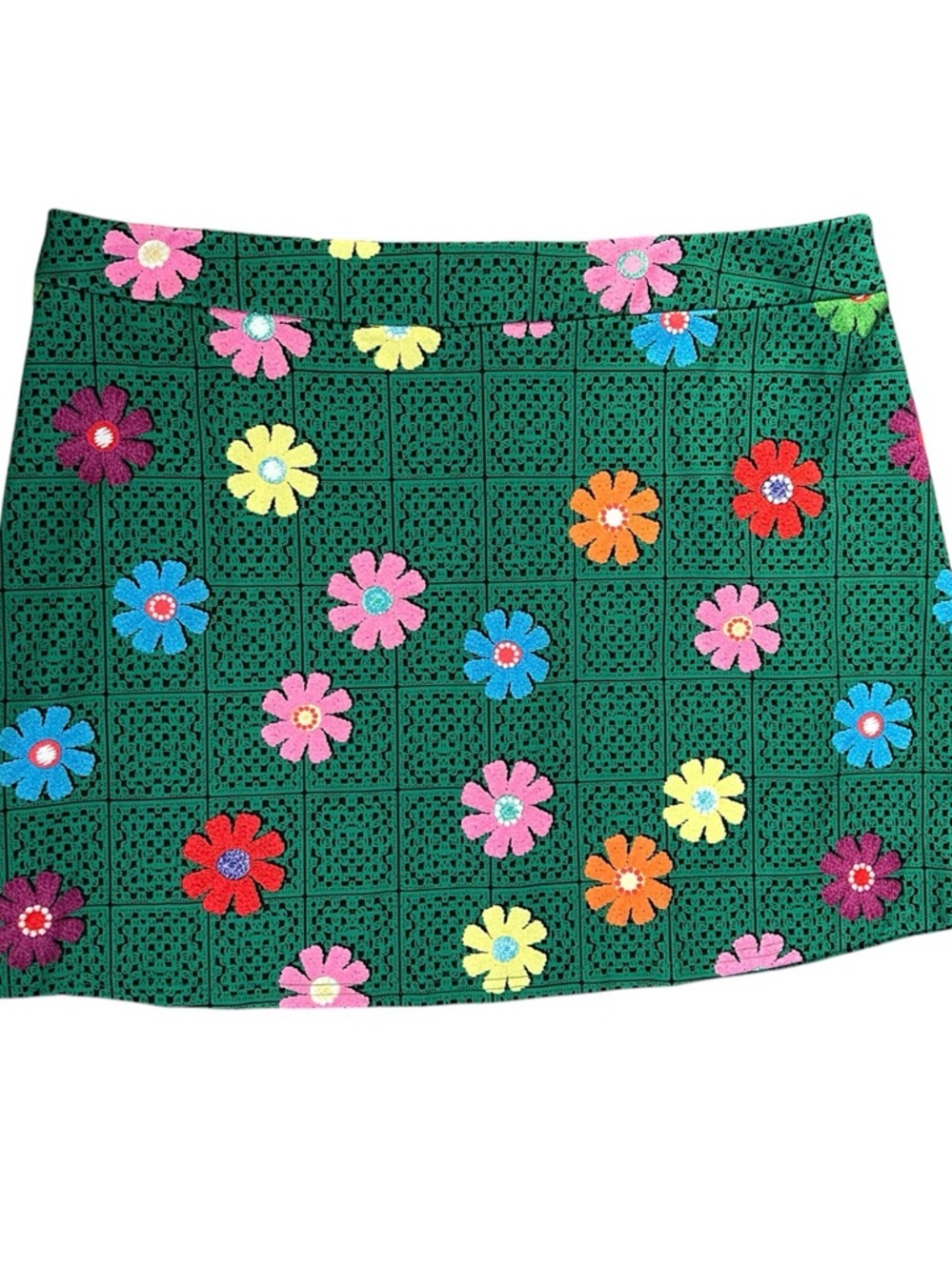 SHEIN Green Crochet Mini Skirt with Multicolor Floral Appliqués size 4XL